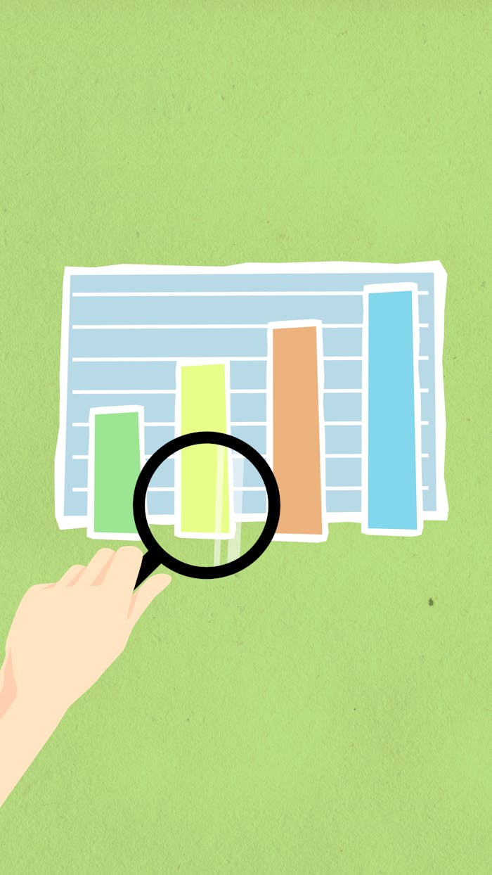 gallery-04 Colorful bar chart illustration with hand and magnifying glass on green background.